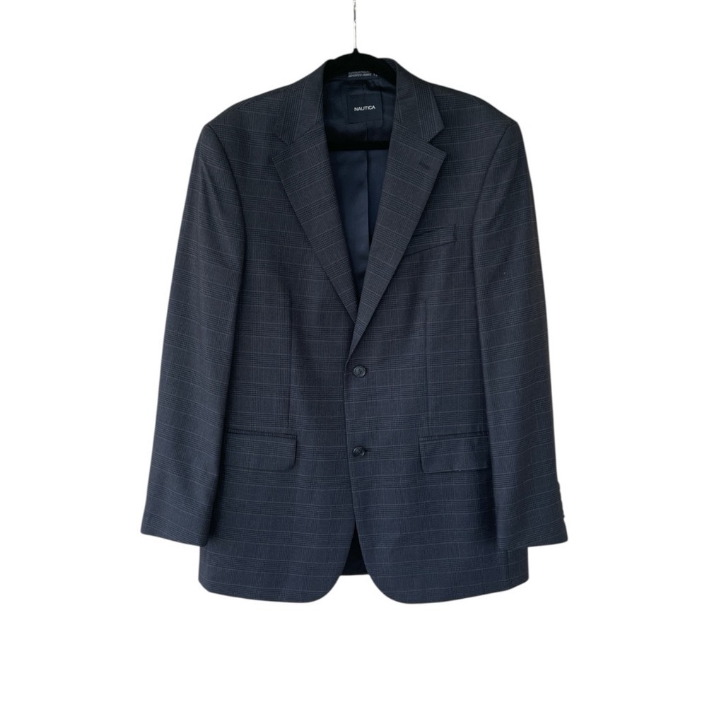 Nautica Wool Sport Jacket Coat Size 40 L 100% Blazer Plaid Long Sleeve Buttons